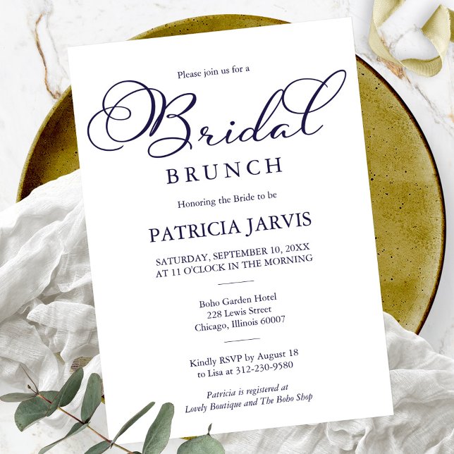 Invitation Simple Elegant Marine Bleu Script Bridal Brunch (Créateur téléchargé)