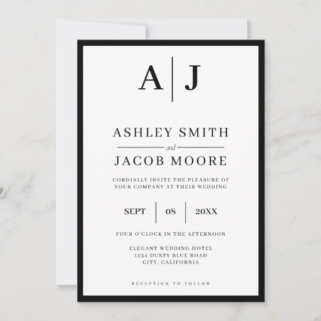 Invitation Simple élégant Monogramme moderne noir Mariage bla (Devant)