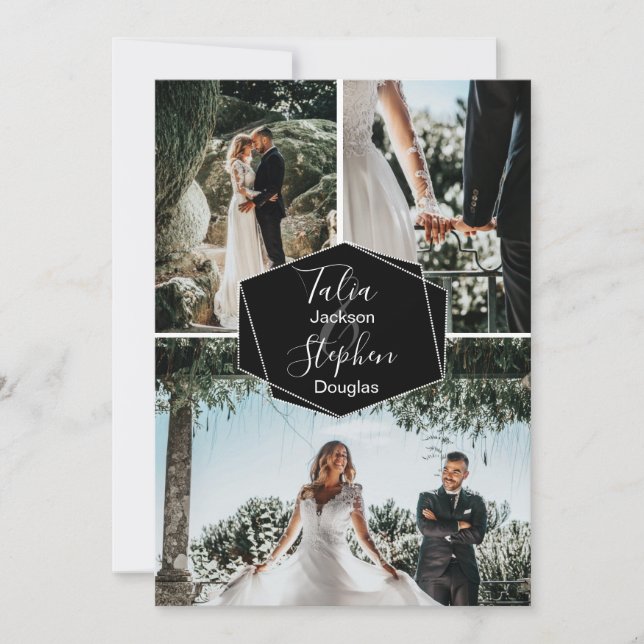 Invitation Simple élégant noir 3 grille de photos de mariage (Devant)