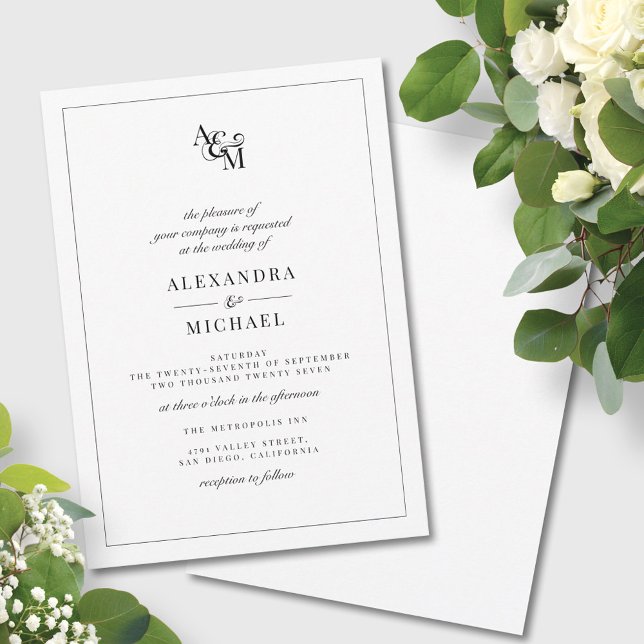Invitation Simple Elegant noir blanc moderne Mariage Monogram (Créateur téléchargé)