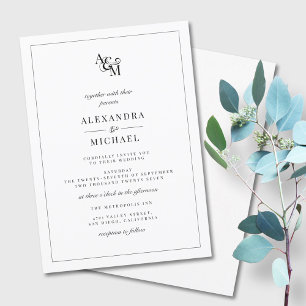 Invitation Simple Elegant noir Mariage Monogramme blanc