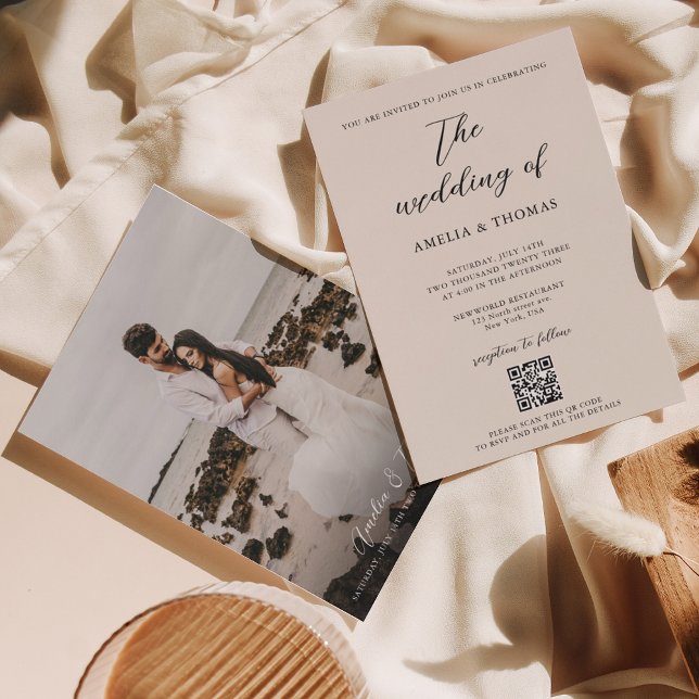 Invitation Simple Elegant Script de crème Photo QR Code Maria (Créateur téléchargé)