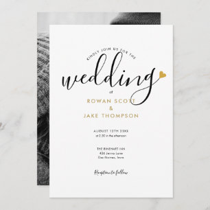 Invitation Simple Elegant Script Gold Heart Photo Mariage