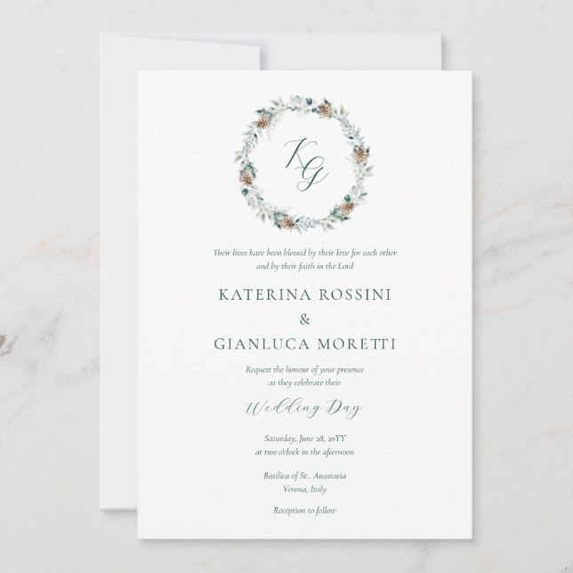 Invitation Simple Elegant Winter Greenery Mariage chrétien (Devant)