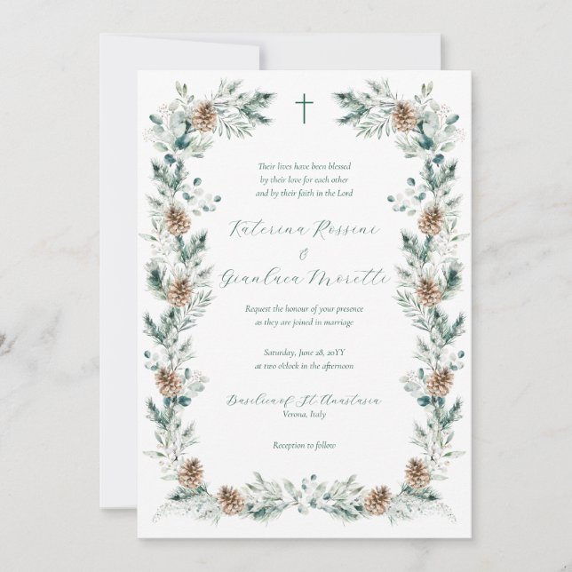 Invitation Simple Elegant Winter Greenery Mariage chrétien (Devant)