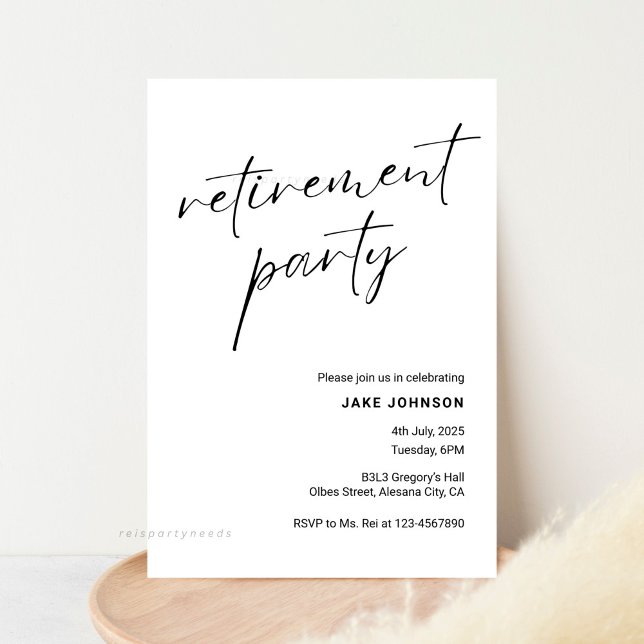 Invitation Simple élégante Calligraphie Script Retraite Parti (retirement party invitation, calligraphy script, elegant, simple, formal, corporate business, black )