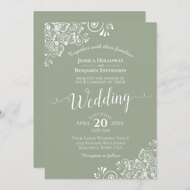Invitation Simple élégante dentelle blanche sur Mariage vert  (Devant / Derrière)