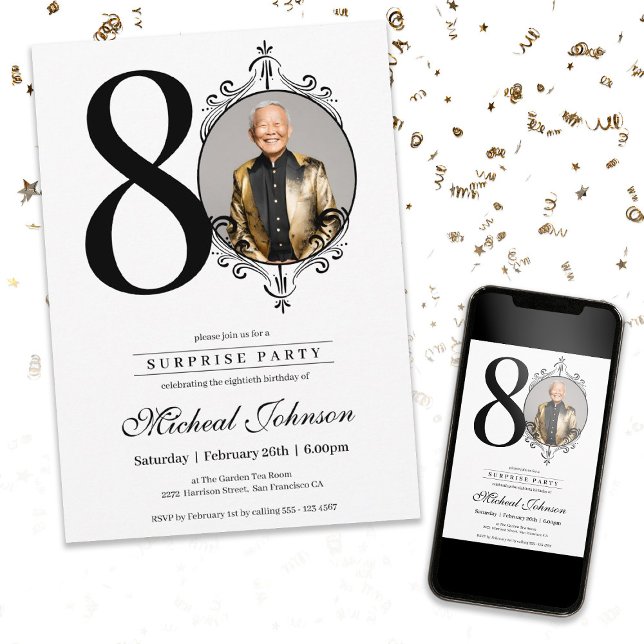 Invitation Simple élégante photo Surprise 80e fête d'annivers (Simple Elegant Photo Surprise 80th Birthday Party Invitation)