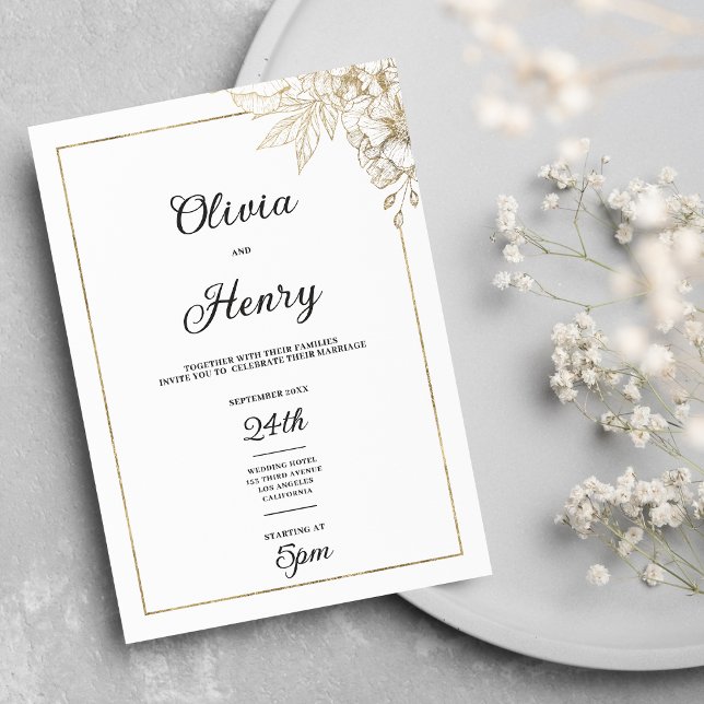 Invitation Simple et élégant mariage à fleurs blanc et or (Simple elegant white and gold floral wedding)