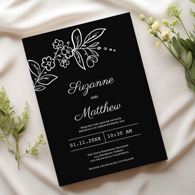 Invitation Simple et élégant mariage à fleurs noir (Simple elegant black white floral wedding)