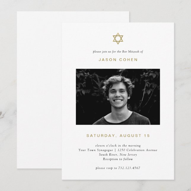 Invitation Simple étoile d'or de David | Photo Bar Mitzvah (Devant / Derrière)