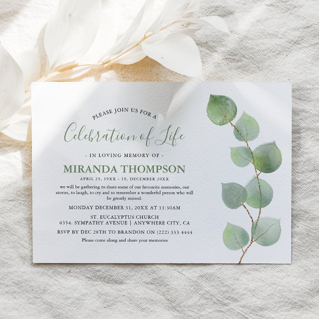 Invitation Simple Eucalyptus Aquarelle Célébration de la Vie (Créateur téléchargé)