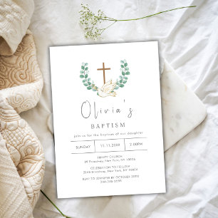 Invitation Simple Eucalyptus Bird Gold Cross Wreath Baptisme