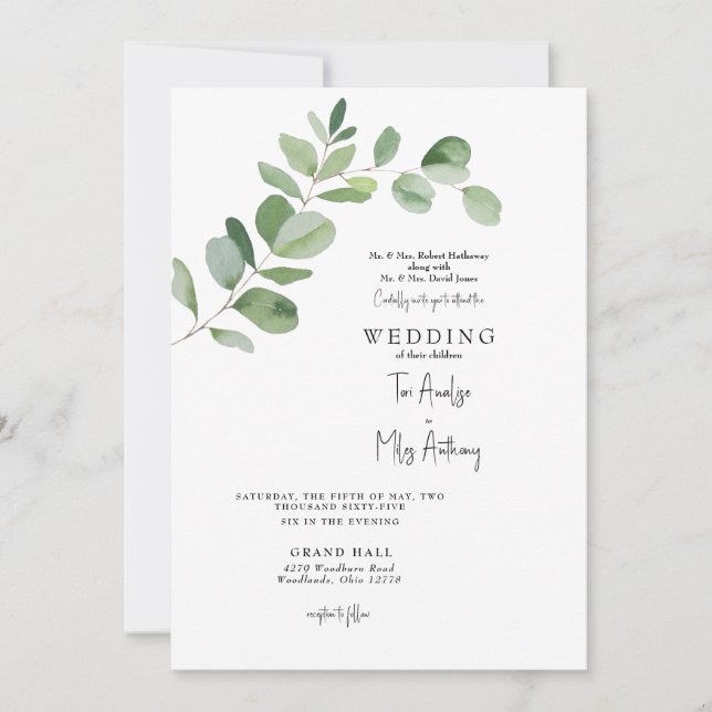 Invitation Simple Eucalyptus Moderne Les deux parents Mariage (Devant)