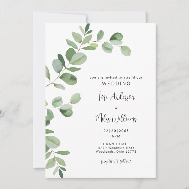 Invitation Simple Eucalyptus Moderne Sans Parents (Devant)
