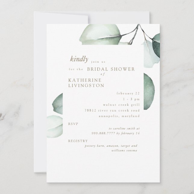 Invitation simple Eucayptus Stem Bridal Douche (Devant)