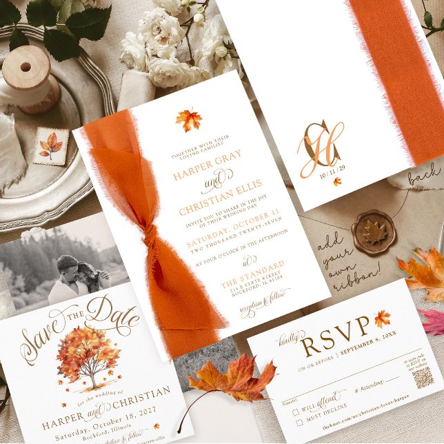 Invitation Simple Fall Leaves Modern Autumn Ribbon Wedding (Simple elegant watercolor fall leaf tree script monogram Autumn wedding invitation, just add ribbon!)
