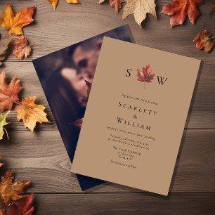 Invitation Simple Feuil de chute Terracotta Monogramme Mariag