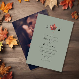 Invitation Simple Feuille D'automne Vert Sauge Monogramme Pho