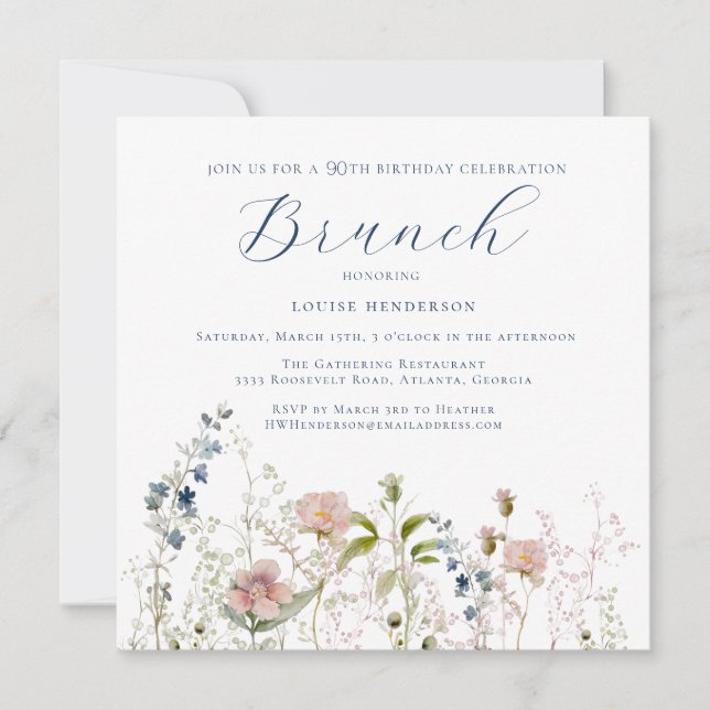 Invitation Simple Fleur sauvage bleu 90e anniversaire Brunch (Devant)