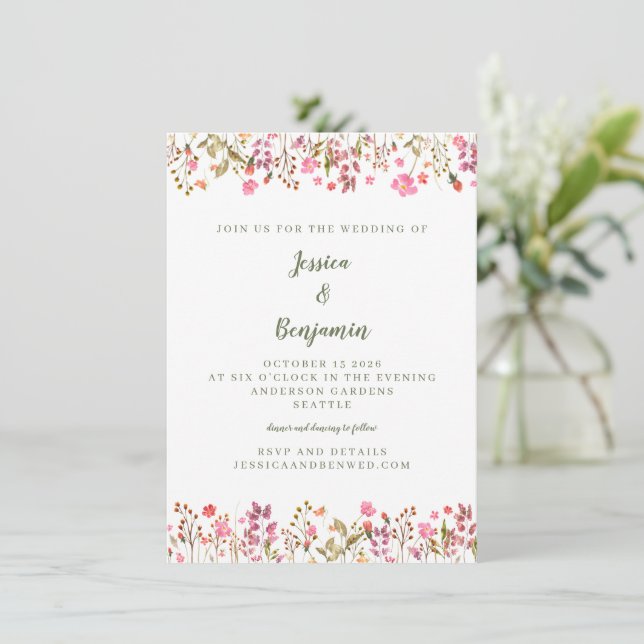 Invitation Simple Fleurs Sauvages Roses Bordure Florale Maria (Debout devant)