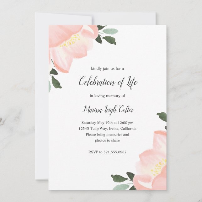 Invitation Simple Floral Blush Pink Celebration of Life (Devant)
