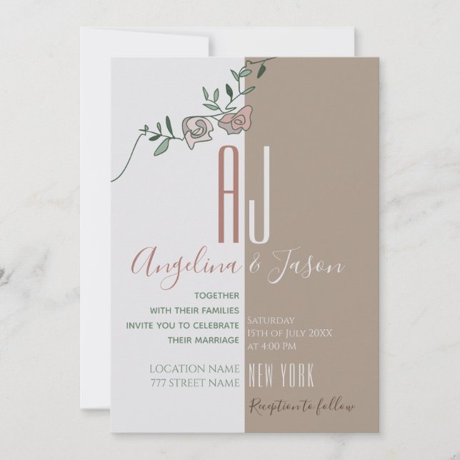 Invitation Simple Floral Blush Rose Vert Terracotta Mariage (Devant)