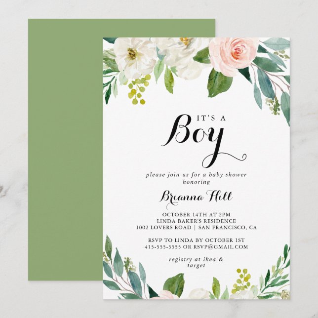 Invitation Simple Floral Green C'est un Baby shower garçon (Devant / Derrière)