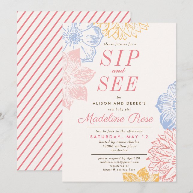 Invitation Simple floral rose fille Sip et voir le Baby showe (Devant / Derrière)