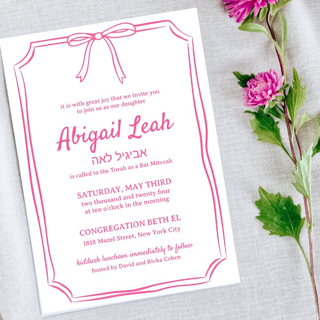 Invitation Simple Fun Girl Bow Design Bat mitzvah rose chaud (Créateur téléchargé)