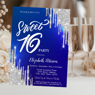 Invitation Simple Glitter Argent Gouttes Bleu Sweet 16 