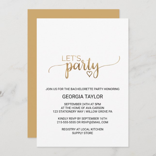 Invitation Simple Gold Calligraphy Bachelorette (Devant / Derrière)