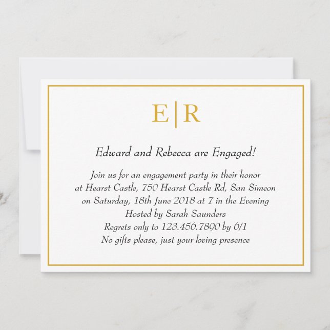 Invitation Simple Gold Monogram Élégante Partie d'engagement (Devant)
