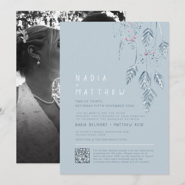 Invitation Simple grass and berries dusty blue sketch photo (Devant / Derrière)