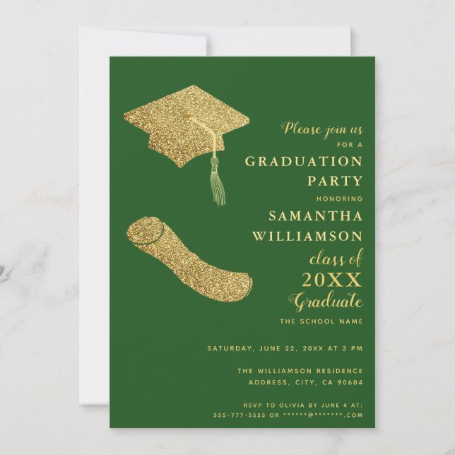 Invitation Simple Green and Gold Graduation Party (Devant)