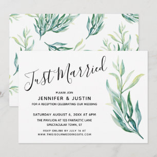 Invitation Simple Green Tout Juste Marié Feuillage Aquarelle