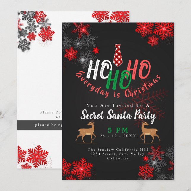 Invitation Simple HO Red & Black Snowflakes Christmas Père No (Devant / Derrière)