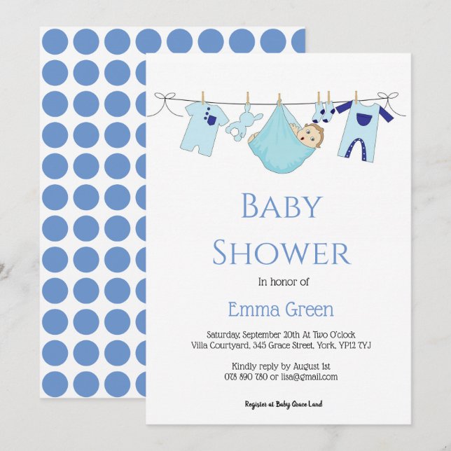 Invitation Simple illustration bleue Baby shower garçon (Devant / Derrière)