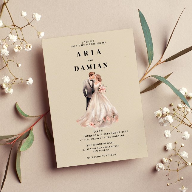 Invitation Simple ivoire rose couple photo Mariage (Simple ivory pink floral couple photo Wedding )