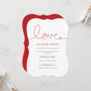 Invitation Simple Loopy Love Red Heart Minimaliste Mariage