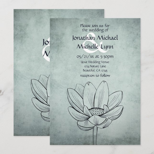 Invitation Simple Lotus Flower Dusty Blue Mariage Turquoise (Devant / Derrière)