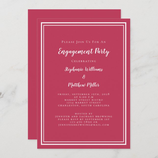 Invitation Simple Magenta Red Engagement Party (Devant / Derrière)