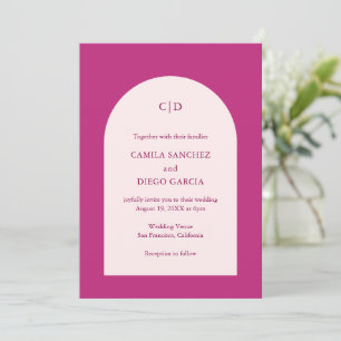 Invitation Simple Magenta rose Monogramme Arche Mariage moder