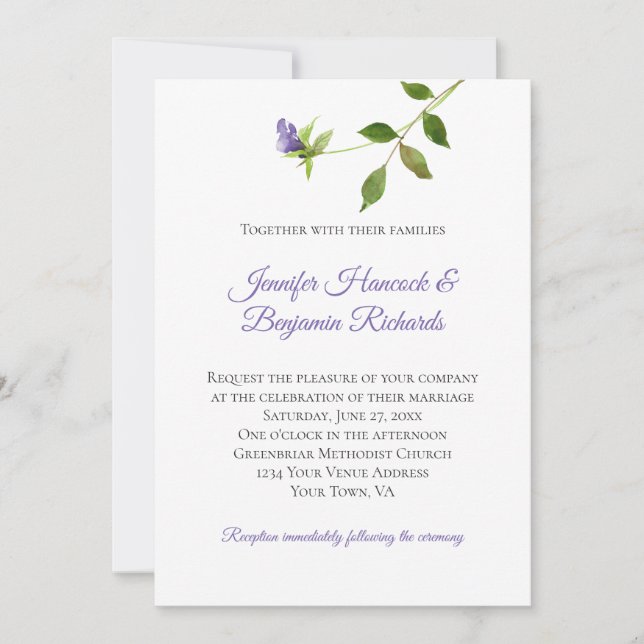 Invitation Simple Mariage à feuilles vertes en fleurs violett (Devant)