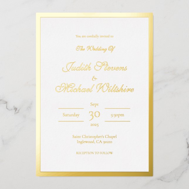 Invitation simple Mariage blanc à huile d'or (Recto)