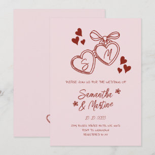 Invitation Simple mariage doodle manuscrit rose capricieux