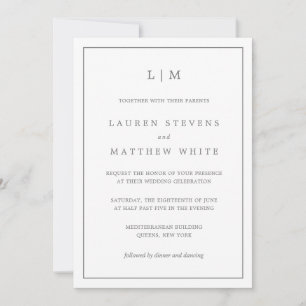 Invitation Simple Mariage Élégant Monogramme Gris Foncé