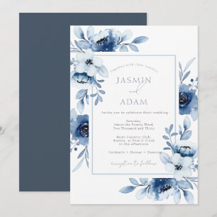 Invitation Simple Mariage Floral Aquarelle Bleu