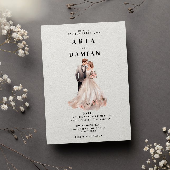 Invitation Simple Mariage photo couple blanc rose (Simple white pink floral couple photo Wedding )