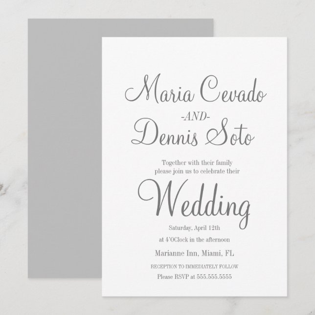 Invitation Simple Mariage Script Lettre Grise (Devant / Derrière)